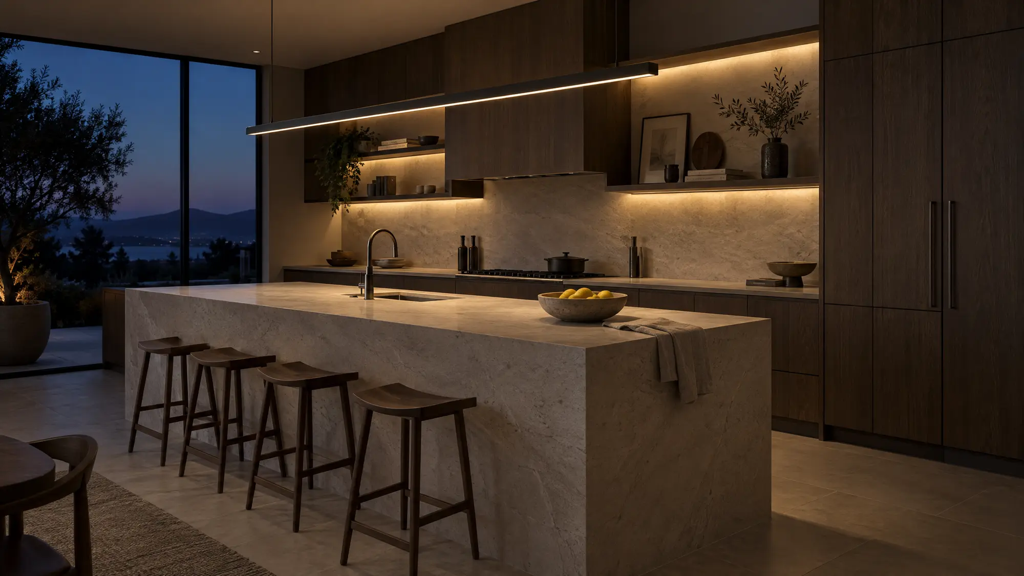 A finished kitchen at dusk, a limestone island under a low pendant and smoked oak behind it