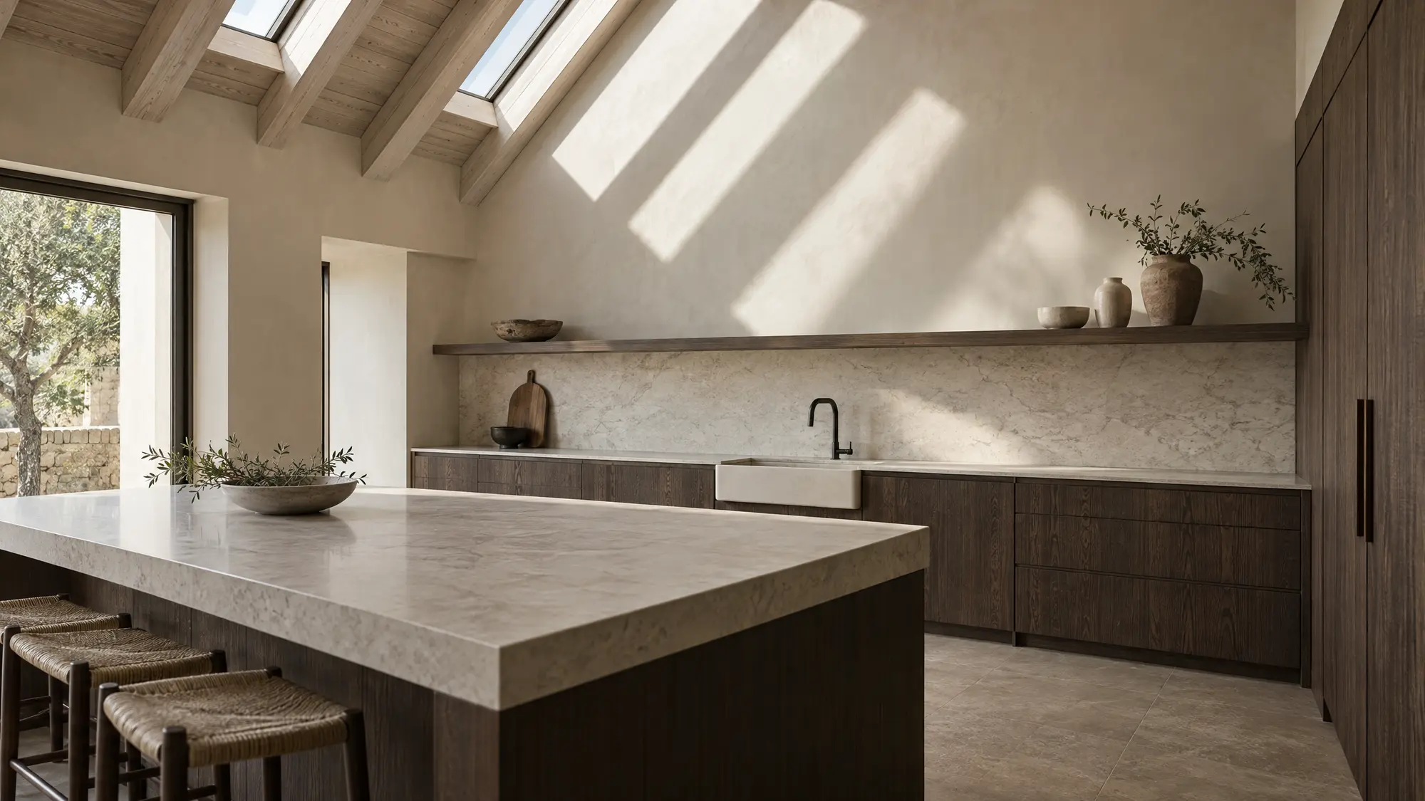 A kitchen under a vaulted roof of whitewashed rafters, morning light falling through narrow skylights onto a pale stone island and dark oak cabinetry