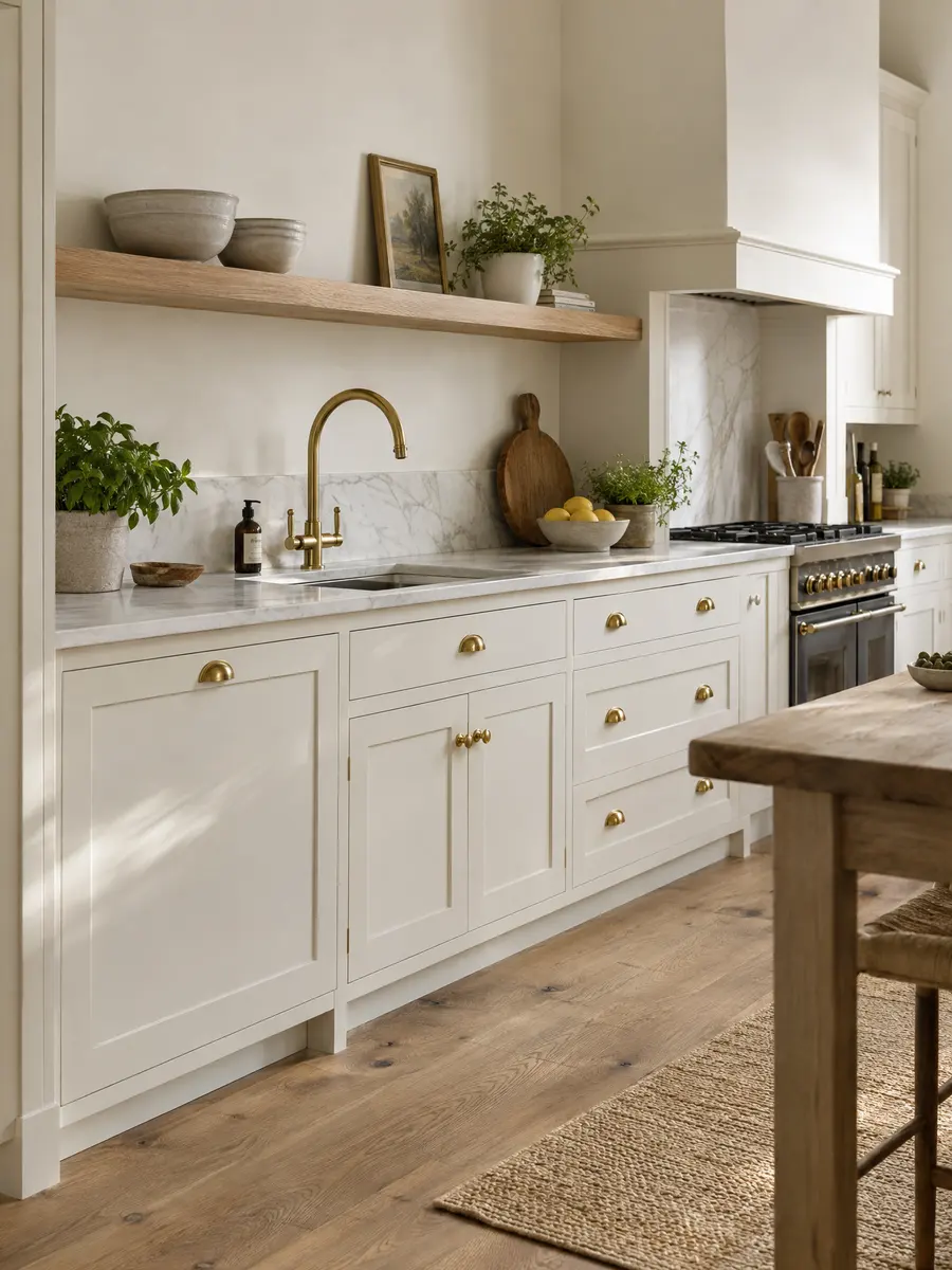 A kitchen in bone-white shaker cabinets with brass cup handles, a honed marble counter and an oak shelf above the sink
