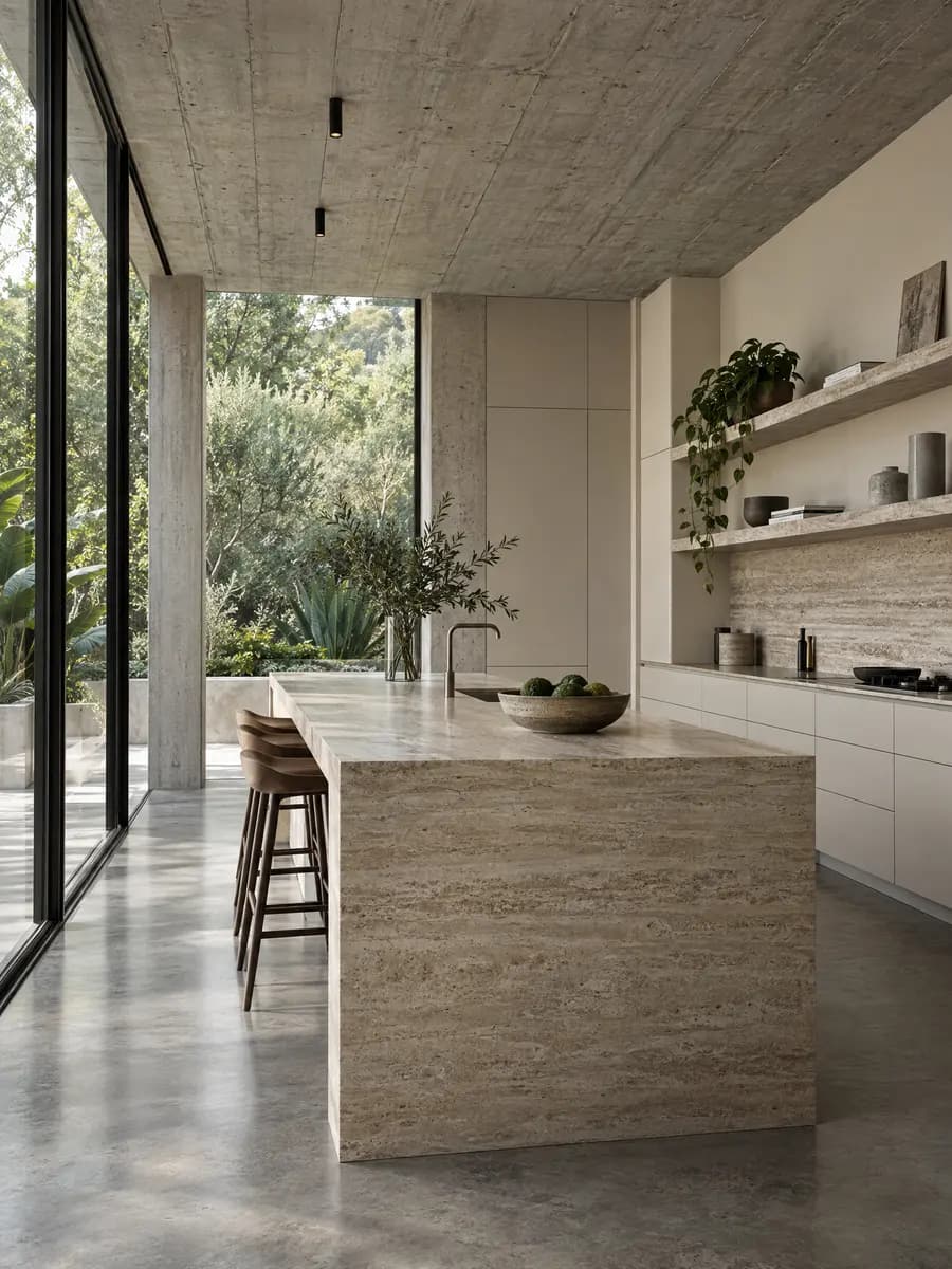 An open-plan kitchen under a board-marked concrete ceiling, a long travertine island where a wall used to be, and glazing to the garden