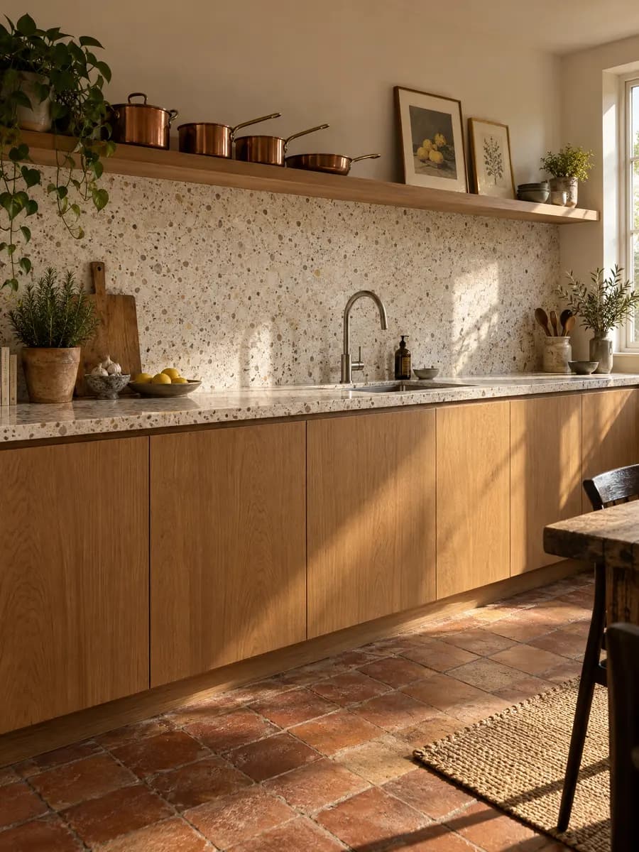 A kitchen with refaced rift-sawn oak doors, a new terrazzo counter and splashback, and copper pans on a floating shelf