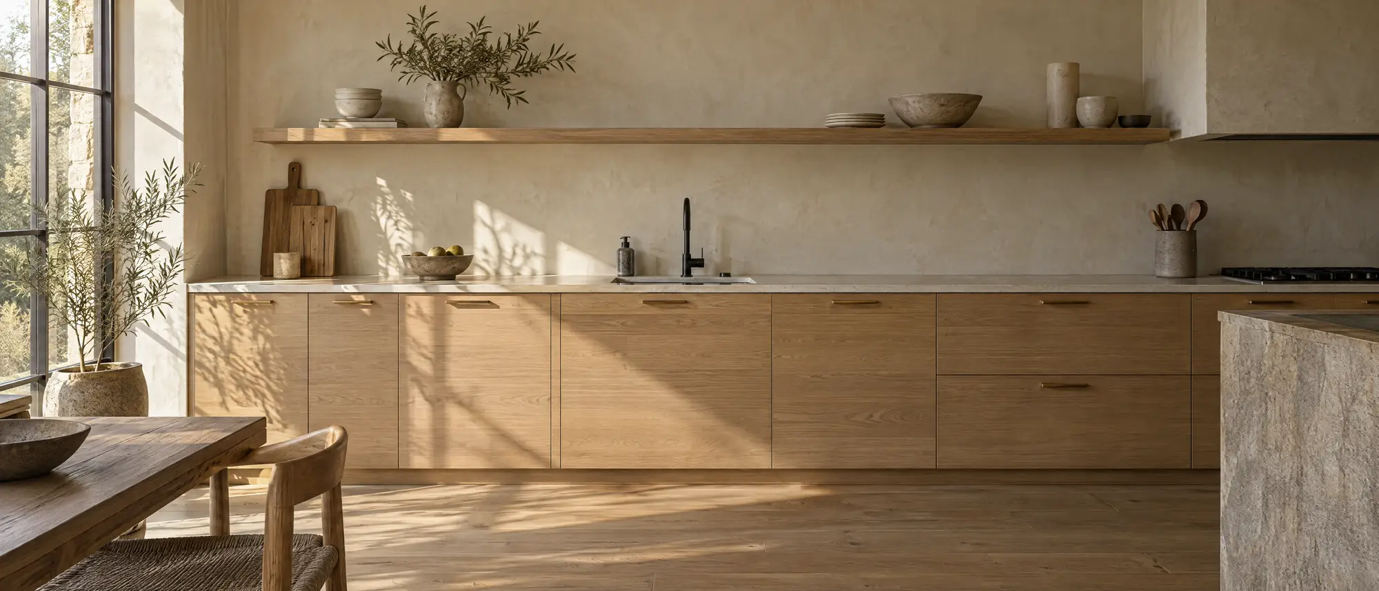 A finished kitchen: a long run of white oak cabinets under a honed pale stone worktop, morning light raking across from a window on the left